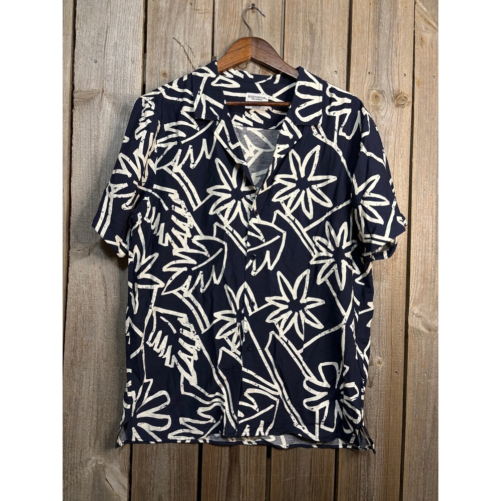 Distortion Mens Modern Navy Blue White Abstract Floral Button Down Shirt Large